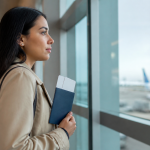 Woman holding a passport and boarding pass while looking out an airport terminal window at a parked plane, representing travel abroad on Advance Parole while a green card application is pending