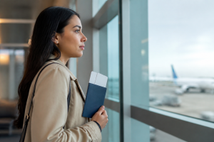 Woman holding a passport and boarding pass while looking out an airport terminal window at a parked plane, representing travel abroad on Advance Parole while a green card application is pending