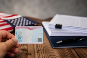 Employment Authorization Document (EAD) work permit card next to Form I-765 paperwork, representing the application process for U.S. work authorization