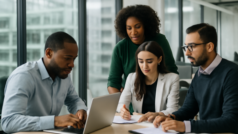 Diverse professional team working in a US office building - H-2B visa 2026