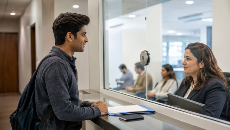 International student attending an F-1 visa interview at a consular window